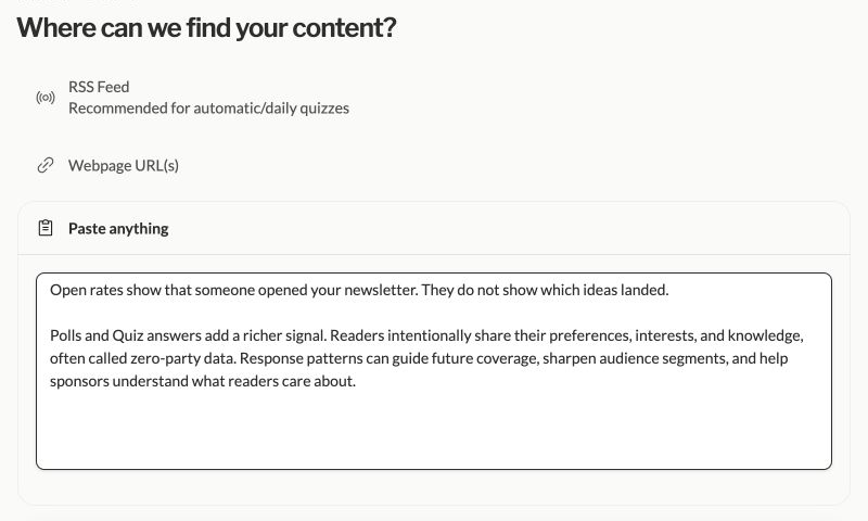 Atrivial content-source picker with a pasted newsletter excerpt, followed by the real question editor.